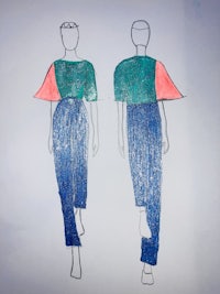 a drawing of a woman in a green top and a blue top
