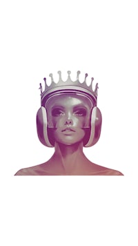 a woman wearing headphones and a crown