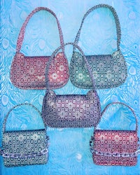 four colorful handbags on a blue background