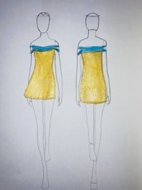 a drawing of a woman in a yellow dress with blue stripes
